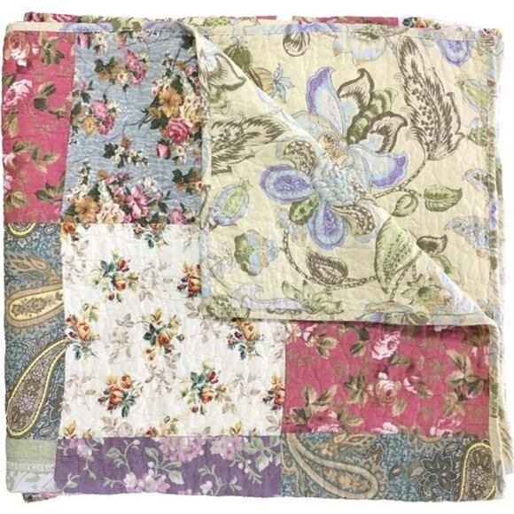 Greenland Home Patchwork Quilted Throw Blanket Floral Cotton Reversible - Picture 3 of 7